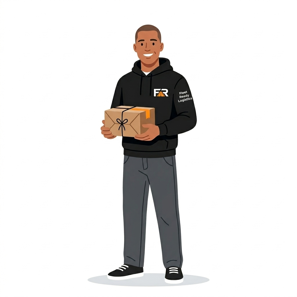 Fleet Ready Logistics delivery driver in branded hoodie holding package